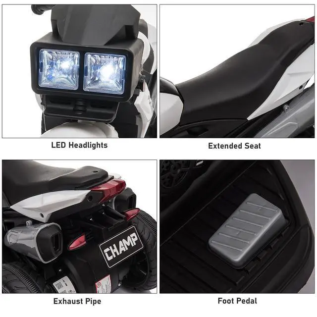Alt view image 6 of 7 - 6V Kids Motorcycle Toddler Ride-on Toy 3-Wheel Music Horn White | Battery-Operated Mini Electric Motorbike, Forward/Reverse Switch, Headlights