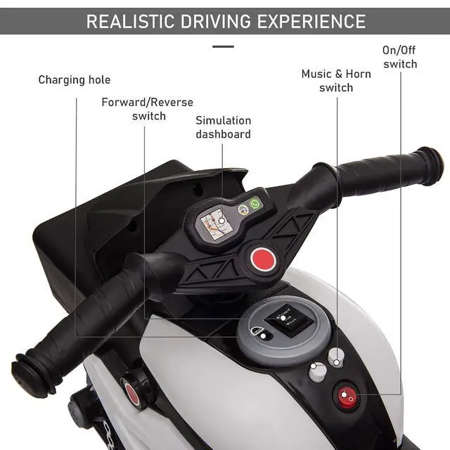 Alt view image 5 of 7 - 6V Kids Motorcycle Toddler Ride-on Toy 3-Wheel Music Horn White | Battery-Operated Mini Electric Motorbike, Forward/Reverse Switch, Headlights