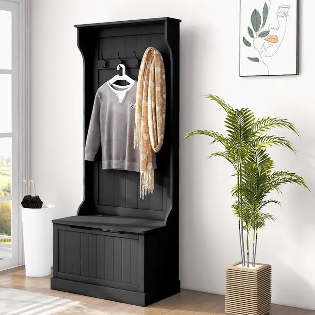 Main image of Hall Tree with Bench and Shoe Storage 3-in-1 Coat Rack Black | Slim Bench with Coat Rack, 4 Hooks, Flip Top Storage Compartment