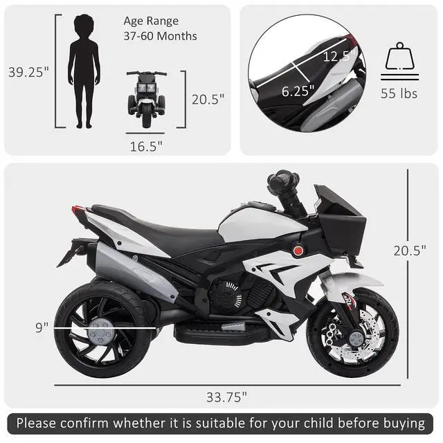 Alt view image 7 of 7 - 6V Kids Motorcycle Toddler Ride-on Toy 3-Wheel Music Horn White | Battery-Operated Mini Electric Motorbike, Forward/Reverse Switch, Headlights