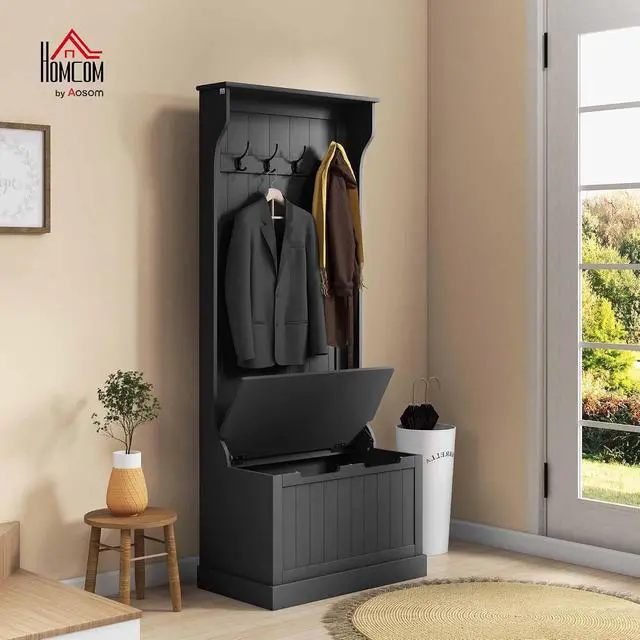 Alt view image 2 of 7 - Hall Tree with Bench and Shoe Storage 3-in-1 Coat Rack Black | Slim Bench with Coat Rack, 4 Hooks, Flip Top Storage Compartment
