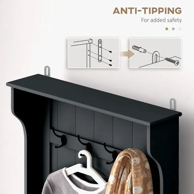 Alt view image 4 of 7 - Hall Tree with Bench and Shoe Storage 3-in-1 Coat Rack Black | Slim Bench with Coat Rack, 4 Hooks, Flip Top Storage Compartment