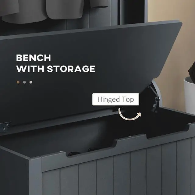Alt view image 6 of 7 - Hall Tree with Bench and Shoe Storage 3-in-1 Coat Rack Black | Slim Bench with Coat Rack, 4 Hooks, Flip Top Storage Compartment
