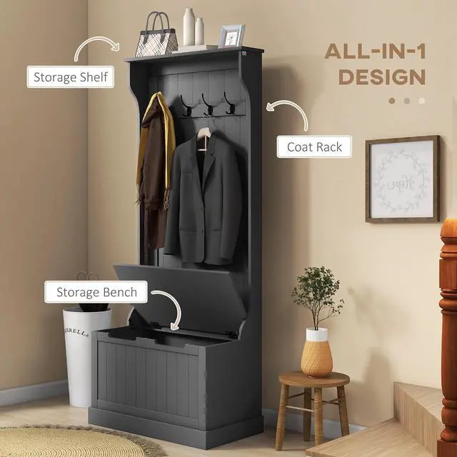 Alt view image 3 of 7 - Hall Tree with Bench and Shoe Storage 3-in-1 Coat Rack Black | Slim Bench with Coat Rack, 4 Hooks, Flip Top Storage Compartment