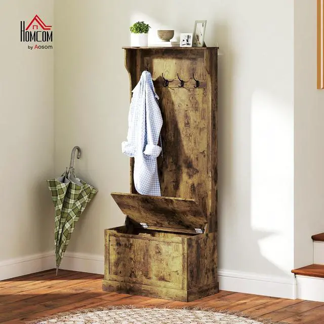 Alt view image 2 of 7 - Hall Tree with Bench and Shoe Storage 3-in-1 Coat Rack Rustic Brown | Slim Bench with Coat Rack, 4 Hooks, Flip Top Storage Compartment
