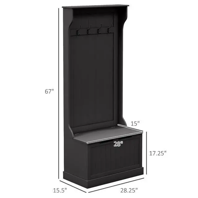 Alt view image 7 of 7 - Hall Tree with Bench and Shoe Storage 3-in-1 Coat Rack Black | Slim Bench with Coat Rack, 4 Hooks, Flip Top Storage Compartment
