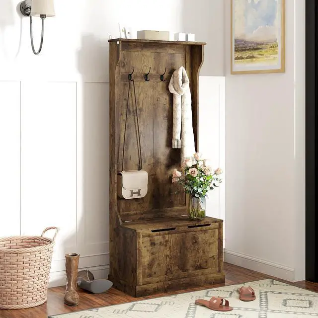 Main image of Hall Tree with Bench and Shoe Storage 3-in-1 Coat Rack Rustic Brown | Slim Bench with Coat Rack, 4 Hooks, Flip Top Storage Compartment