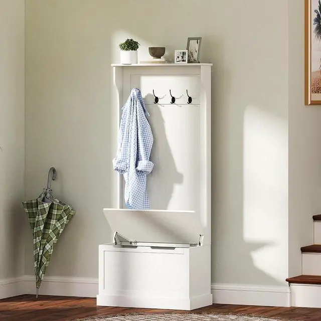 Alt view image 2 of 7 - Hall Tree with Bench and Shoe Storage 3-in-1 Coat Rack Cream White | Slim Bench with Coat Rack, 4 Hooks, Flip Top Storage Compartment