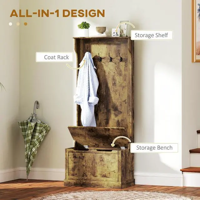 Alt view image 3 of 7 - Hall Tree with Bench and Shoe Storage 3-in-1 Coat Rack Rustic Brown | Slim Bench with Coat Rack, 4 Hooks, Flip Top Storage Compartment
