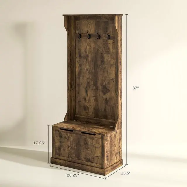 Alt view image 7 of 7 - Hall Tree with Bench and Shoe Storage 3-in-1 Coat Rack Rustic Brown | Slim Bench with Coat Rack, 4 Hooks, Flip Top Storage Compartment