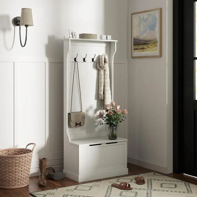 Main image of Hall Tree with Bench and Shoe Storage 3-in-1 Coat Rack Cream White | Slim Bench with Coat Rack, 4 Hooks, Flip Top Storage Compartment
