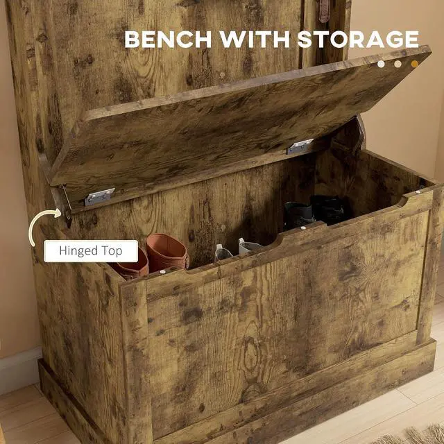 Alt view image 5 of 7 - Hall Tree with Bench and Shoe Storage 3-in-1 Coat Rack Rustic Brown | Slim Bench with Coat Rack, 4 Hooks, Flip Top Storage Compartment
