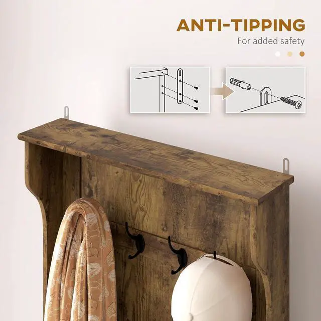 Alt view image 6 of 7 - Hall Tree with Bench and Shoe Storage 3-in-1 Coat Rack Rustic Brown | Slim Bench with Coat Rack, 4 Hooks, Flip Top Storage Compartment