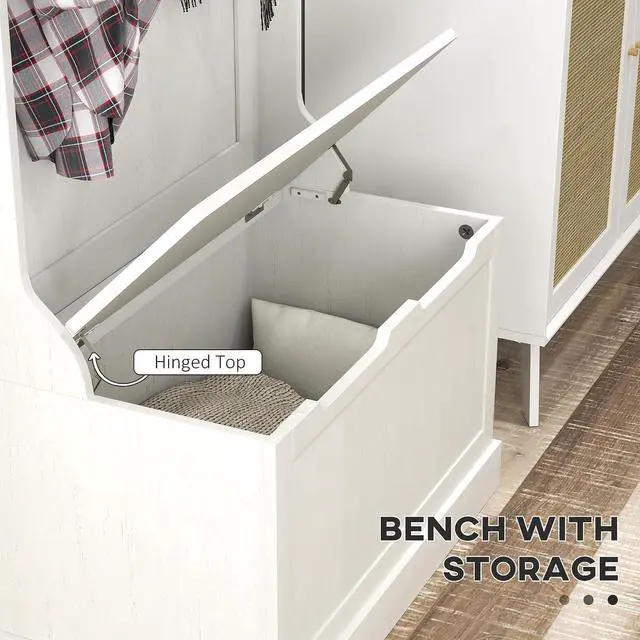 Alt view image 5 of 7 - Hall Tree with Bench and Shoe Storage 3-in-1 Coat Rack Cream White | Slim Bench with Coat Rack, 4 Hooks, Flip Top Storage Compartment
