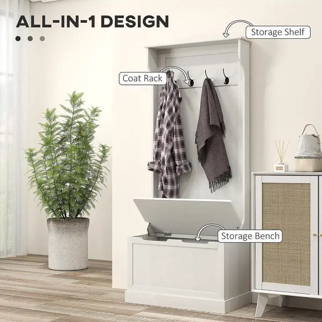 Alt view image 3 of 7 - Hall Tree with Bench and Shoe Storage 3-in-1 Coat Rack Cream White | Slim Bench with Coat Rack, 4 Hooks, Flip Top Storage Compartment