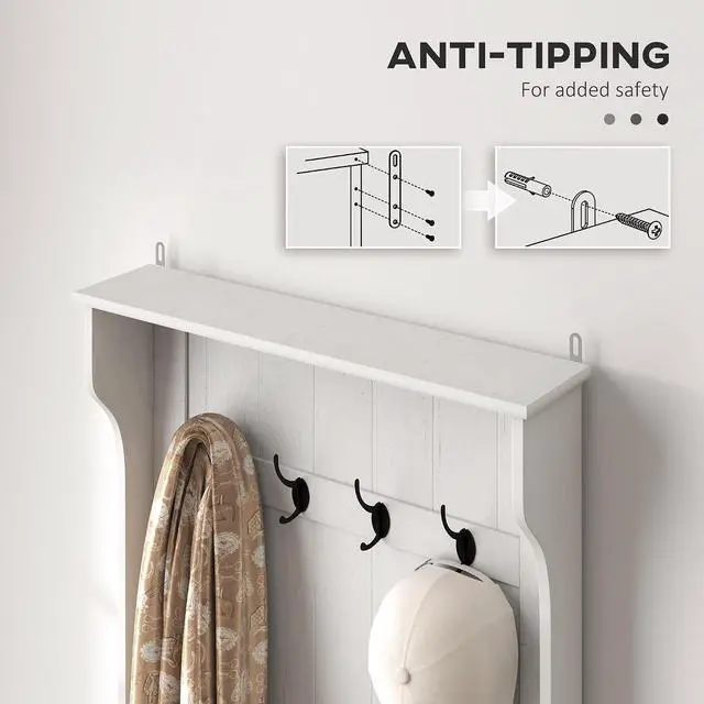 Alt view image 6 of 7 - Hall Tree with Bench and Shoe Storage 3-in-1 Coat Rack Cream White | Slim Bench with Coat Rack, 4 Hooks, Flip Top Storage Compartment