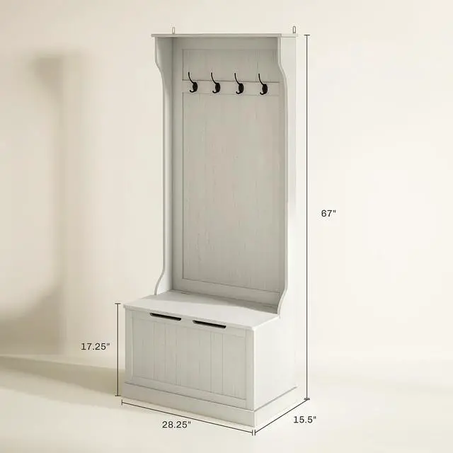 Alt view image 7 of 7 - Hall Tree with Bench and Shoe Storage 3-in-1 Coat Rack Cream White | Slim Bench with Coat Rack, 4 Hooks, Flip Top Storage Compartment