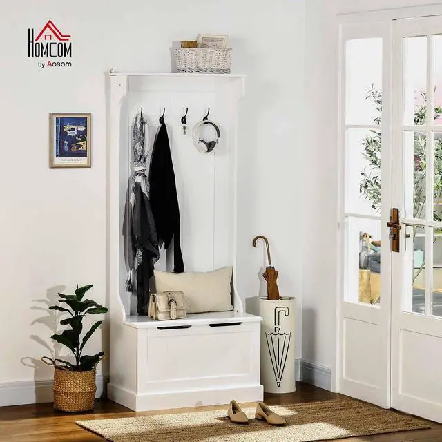 Alt view image 2 of 7 - Hall Tree with Bench and Shoe Storage 3-in-1 Coat Rack White | Slim Bench with Coat Rack, 4 Hooks, Flip Top Storage Compartment
