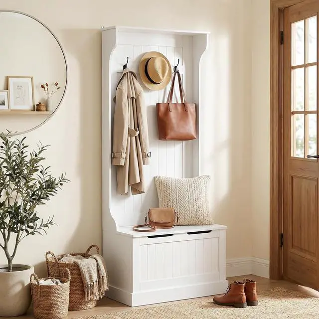 Main image of Hall Tree with Bench and Shoe Storage 3-in-1 Coat Rack White | Slim Bench with Coat Rack, 4 Hooks, Flip Top Storage Compartment