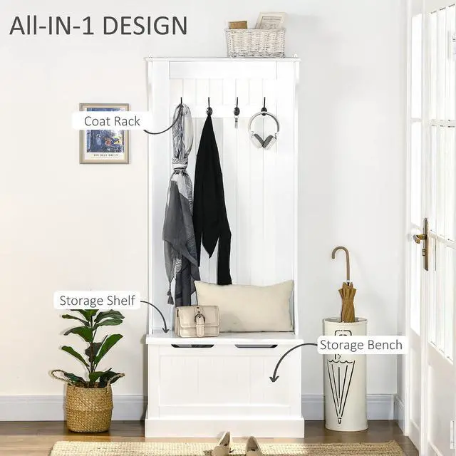 Alt view image 3 of 7 - Hall Tree with Bench and Shoe Storage 3-in-1 Coat Rack White | Slim Bench with Coat Rack, 4 Hooks, Flip Top Storage Compartment