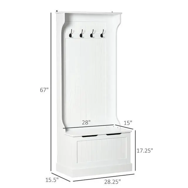 Alt view image 7 of 7 - Hall Tree with Bench and Shoe Storage 3-in-1 Coat Rack White | Slim Bench with Coat Rack, 4 Hooks, Flip Top Storage Compartment