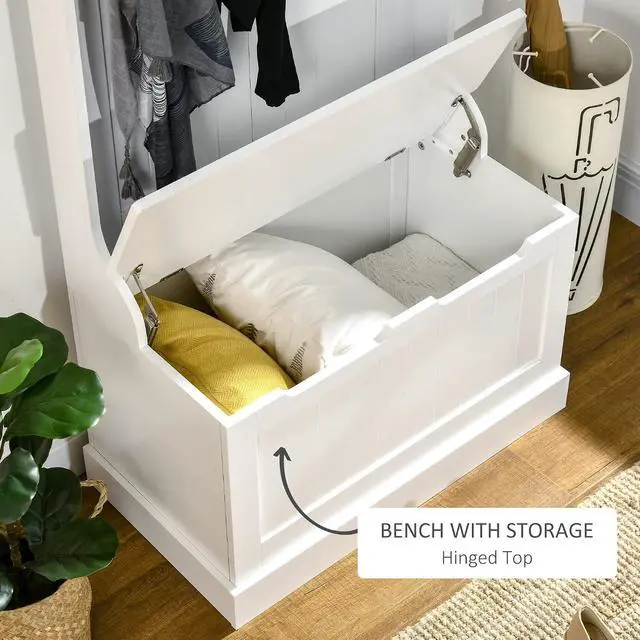 Alt view image 5 of 7 - Hall Tree with Bench and Shoe Storage 3-in-1 Coat Rack White | Slim Bench with Coat Rack, 4 Hooks, Flip Top Storage Compartment