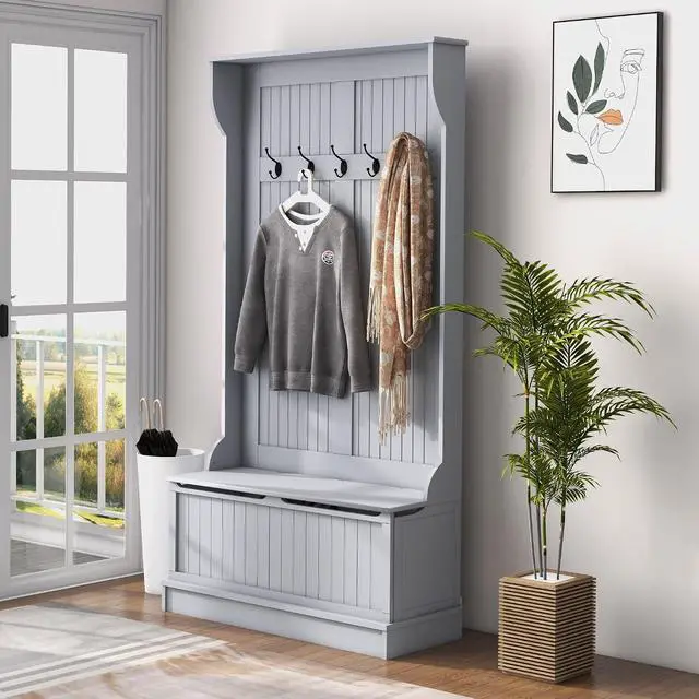 Main image of Hall Tree with Bench and Shoe Storage 3-in-1 Entryway Bench Gray | Coat Rack, 5 Hooks, Flip Top Storage Compartment