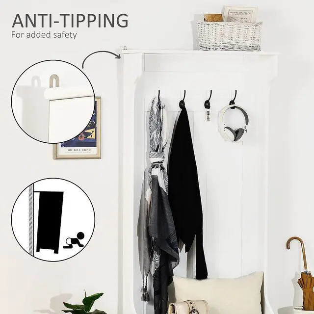 Alt view image 6 of 7 - Hall Tree with Bench and Shoe Storage 3-in-1 Coat Rack White | Slim Bench with Coat Rack, 4 Hooks, Flip Top Storage Compartment