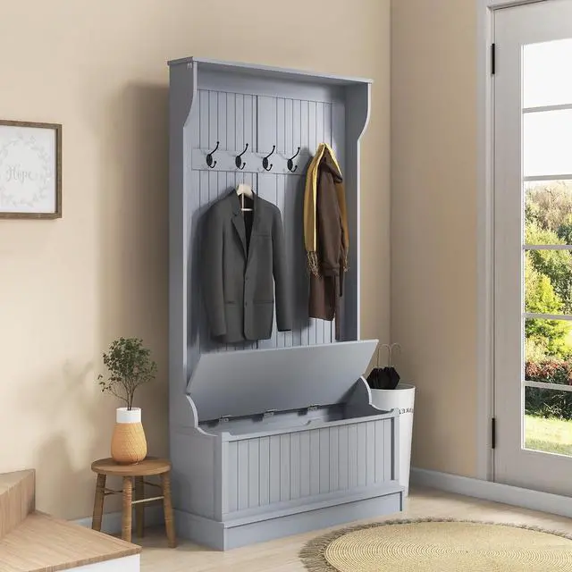 Alt view image 2 of 7 - Hall Tree with Bench and Shoe Storage 3-in-1 Entryway Bench Gray | Coat Rack, 5 Hooks, Flip Top Storage Compartment
