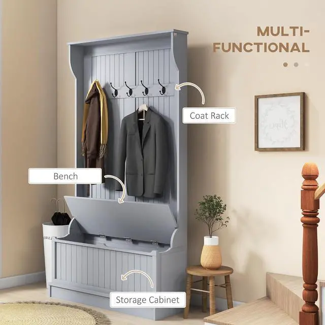 Alt view image 3 of 7 - Hall Tree with Bench and Shoe Storage 3-in-1 Entryway Bench Gray | Coat Rack, 5 Hooks, Flip Top Storage Compartment