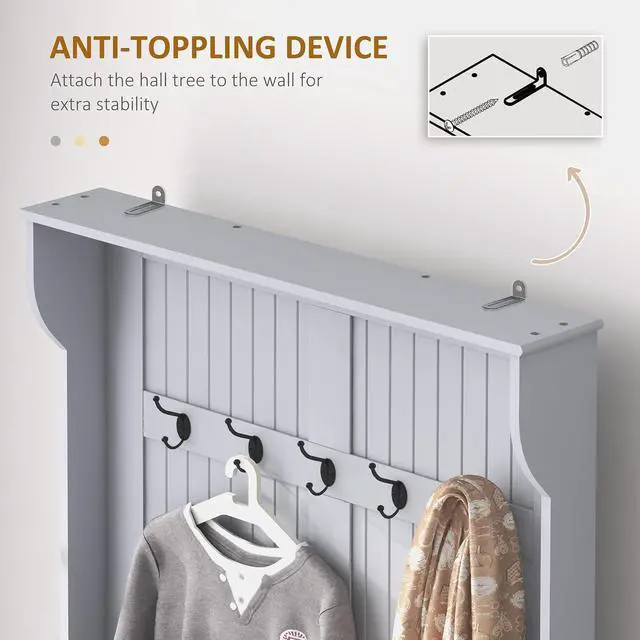 Alt view image 4 of 7 - Hall Tree with Bench and Shoe Storage 3-in-1 Entryway Bench Gray | Coat Rack, 5 Hooks, Flip Top Storage Compartment