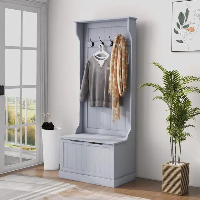 Main image of Hall Tree with Bench and Shoe Storage 3-in-1 Coat Rack Gray | Slim Bench with Coat Rack, 4 Hooks, Flip Top Storage Compartment