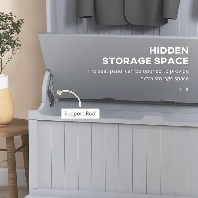 Alt view image 5 of 7 - Hall Tree with Bench and Shoe Storage 3-in-1 Entryway Bench Gray | Coat Rack, 5 Hooks, Flip Top Storage Compartment