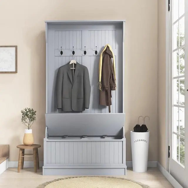Alt view image 6 of 7 - Hall Tree with Bench and Shoe Storage 3-in-1 Entryway Bench Gray | Coat Rack, 5 Hooks, Flip Top Storage Compartment