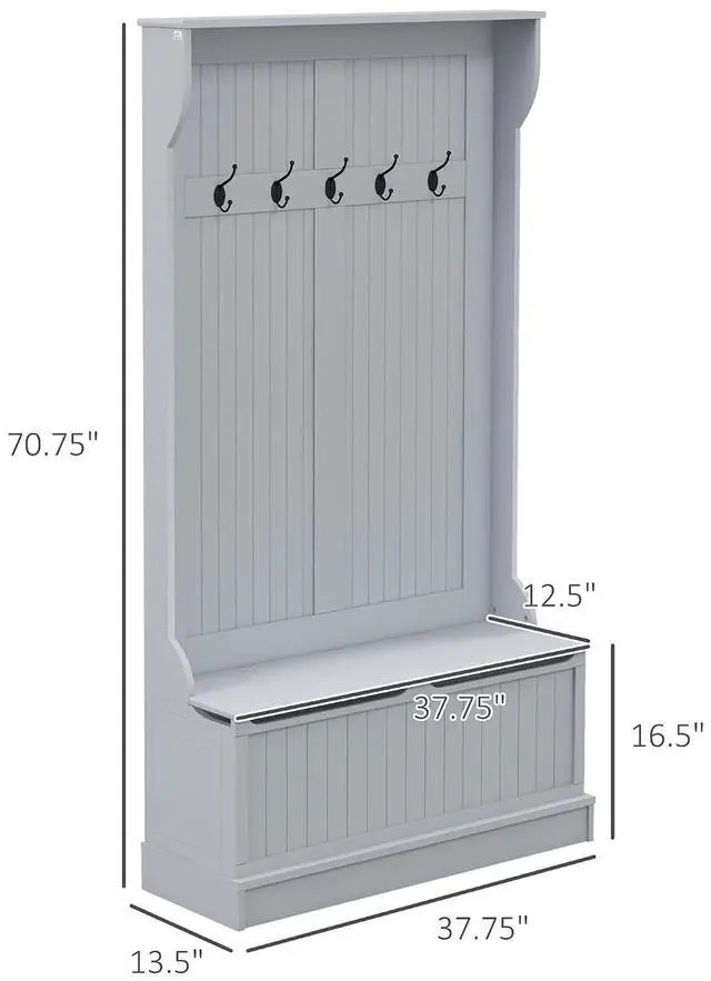 Alt view image 7 of 7 - Hall Tree with Bench and Shoe Storage 3-in-1 Entryway Bench Gray | Coat Rack, 5 Hooks, Flip Top Storage Compartment