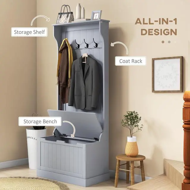Alt view image 3 of 7 - Hall Tree with Bench and Shoe Storage 3-in-1 Coat Rack Gray | Slim Bench with Coat Rack, 4 Hooks, Flip Top Storage Compartment