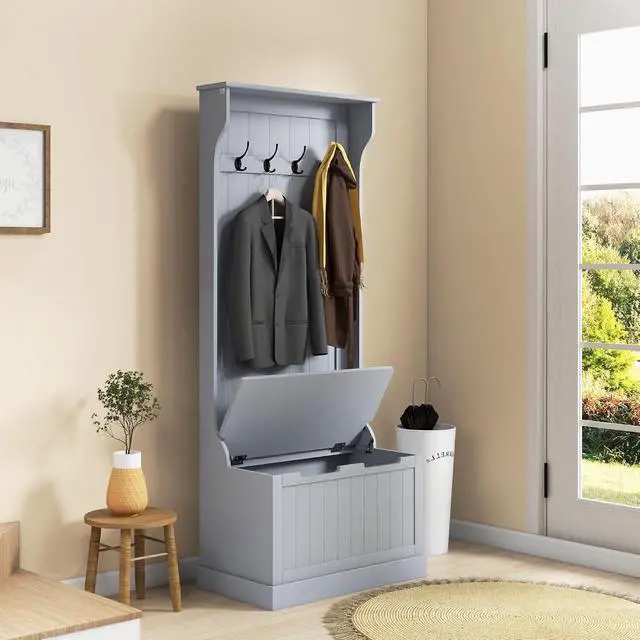 Alt view image 2 of 7 - Hall Tree with Bench and Shoe Storage 3-in-1 Coat Rack Gray | Slim Bench with Coat Rack, 4 Hooks, Flip Top Storage Compartment