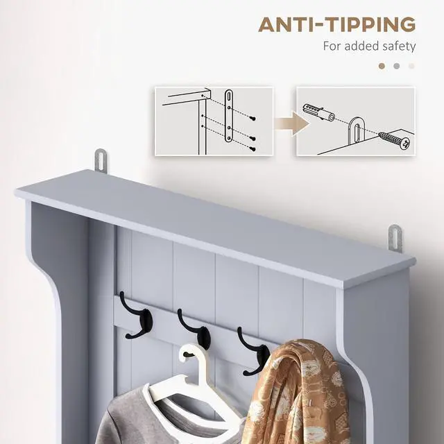 Alt view image 6 of 7 - Hall Tree with Bench and Shoe Storage 3-in-1 Coat Rack Gray | Slim Bench with Coat Rack, 4 Hooks, Flip Top Storage Compartment