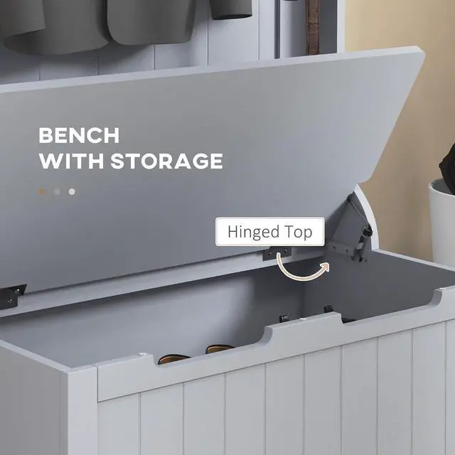 Alt view image 5 of 7 - Hall Tree with Bench and Shoe Storage 3-in-1 Coat Rack Gray | Slim Bench with Coat Rack, 4 Hooks, Flip Top Storage Compartment