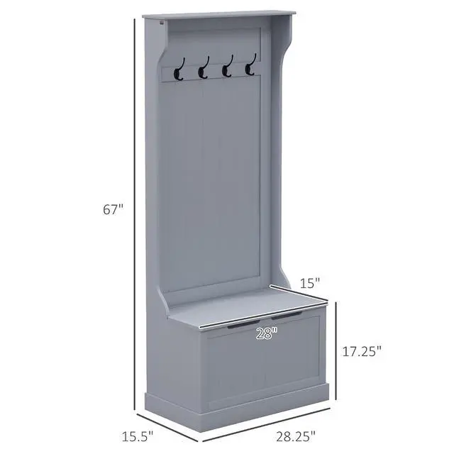 Alt view image 7 of 7 - Hall Tree with Bench and Shoe Storage 3-in-1 Coat Rack Gray | Slim Bench with Coat Rack, 4 Hooks, Flip Top Storage Compartment