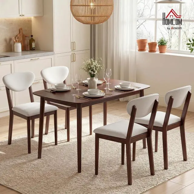 Alt view image 2 of 7 - 5-Piece Dining Table Set for 4 with Solid Wood Frame, Cream White | Kitchen Table and Chairs, Padded Seats and Backrests, Solid Wood Frame, for Small Space, Dining Room, Living Room