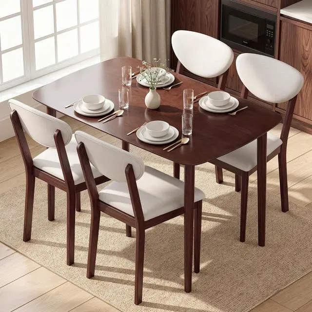 Main image of 5-Piece Dining Table Set for 4 with Solid Wood Frame, Cream White | Kitchen Table and Chairs, Padded Seats and Backrests, Solid Wood Frame, for Small Space, Dining Room, Living Room