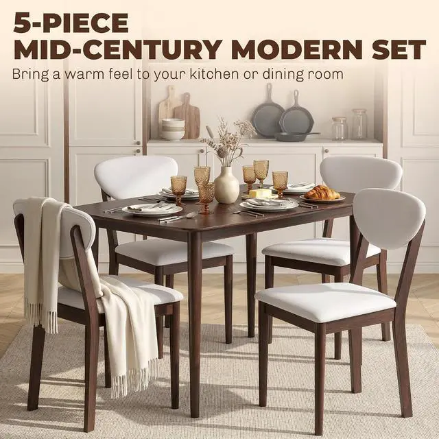 Alt view image 3 of 7 - 5-Piece Dining Table Set for 4 with Solid Wood Frame, Cream White | Kitchen Table and Chairs, Padded Seats and Backrests, Solid Wood Frame, for Small Space, Dining Room, Living Room