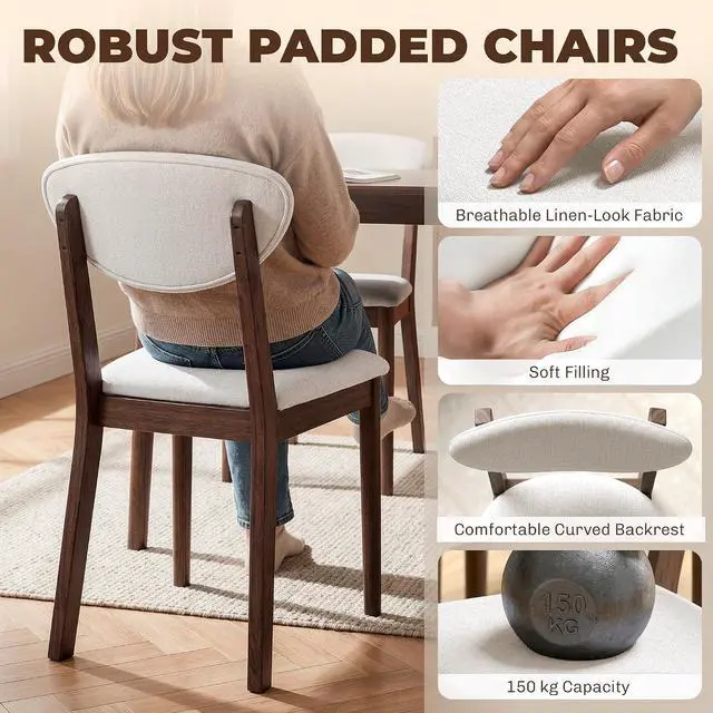 Alt view image 4 of 7 - 5-Piece Dining Table Set for 4 with Solid Wood Frame, Cream White | Kitchen Table and Chairs, Padded Seats and Backrests, Solid Wood Frame, for Small Space, Dining Room, Living Room