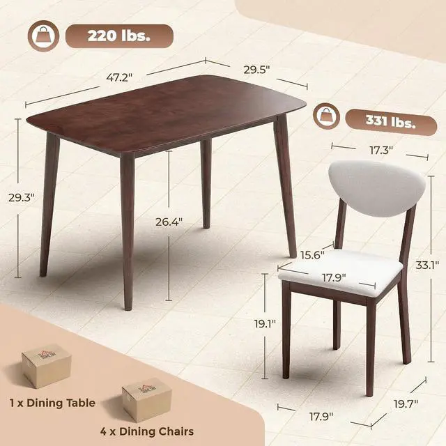 Alt view image 7 of 7 - 5-Piece Dining Table Set for 4 with Solid Wood Frame, Cream White | Kitchen Table and Chairs, Padded Seats and Backrests, Solid Wood Frame, for Small Space, Dining Room, Living Room
