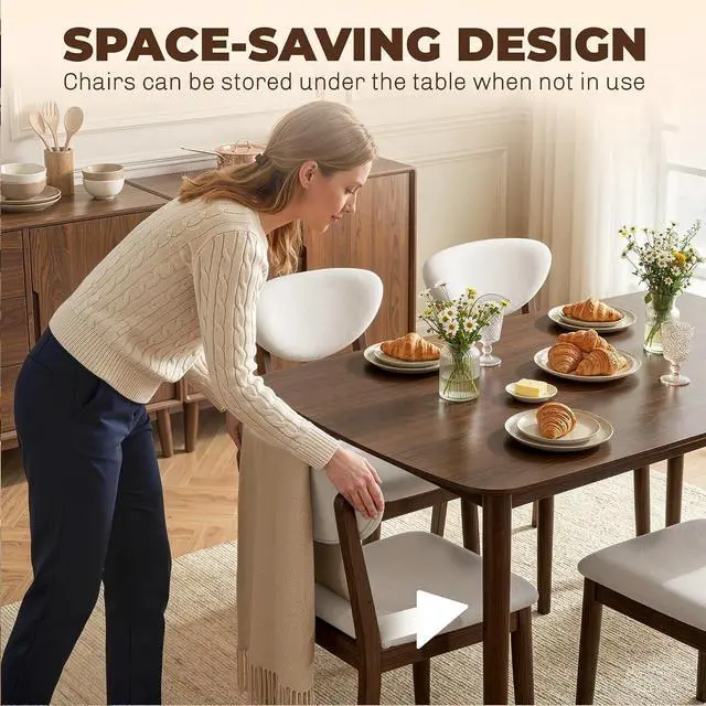 Alt view image 6 of 7 - 5-Piece Dining Table Set for 4 with Solid Wood Frame, Cream White | Kitchen Table and Chairs, Padded Seats and Backrests, Solid Wood Frame, for Small Space, Dining Room, Living Room