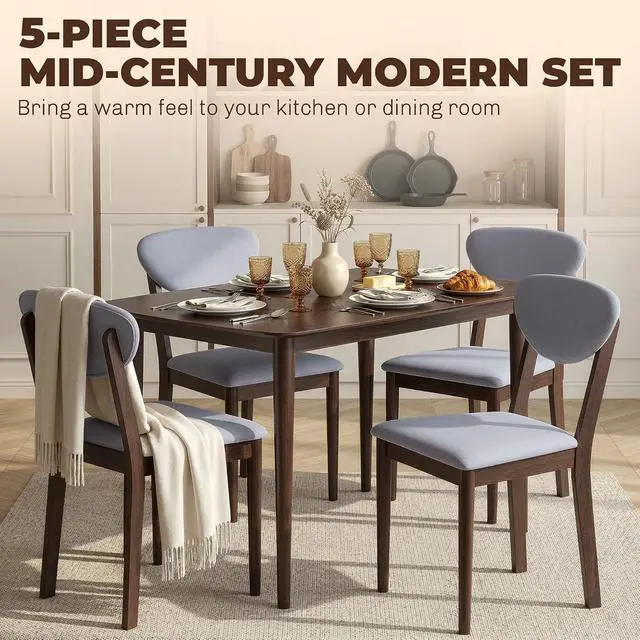 Alt view image 3 of 7 - 5-Piece Dining Table Set for 4 with Solid Wood Frame, Light Gray | Kitchen Table and Chairs, Padded Seats and Backrests, Solid Wood Frame, for Small Space, Dining Room, Living Room