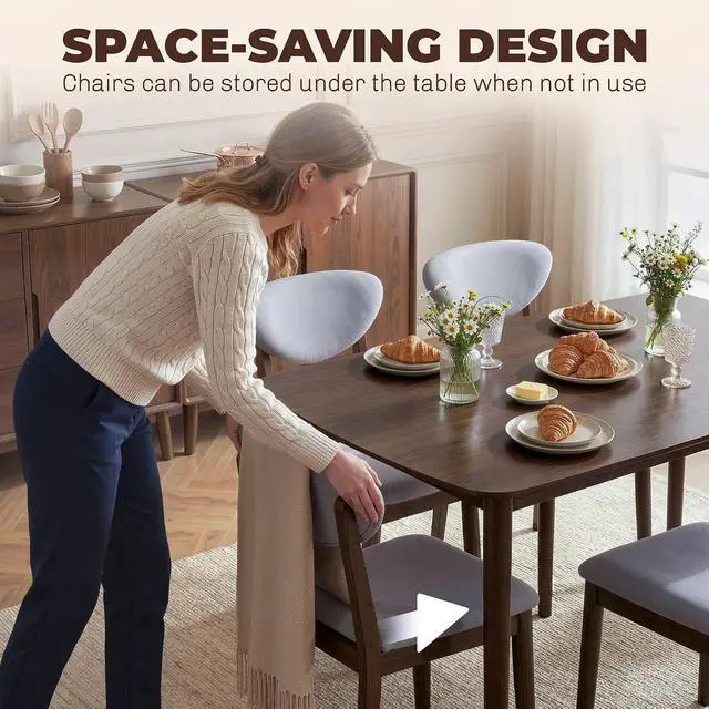 Alt view image 6 of 7 - 5-Piece Dining Table Set for 4 with Solid Wood Frame, Light Gray | Kitchen Table and Chairs, Padded Seats and Backrests, Solid Wood Frame, for Small Space, Dining Room, Living Room