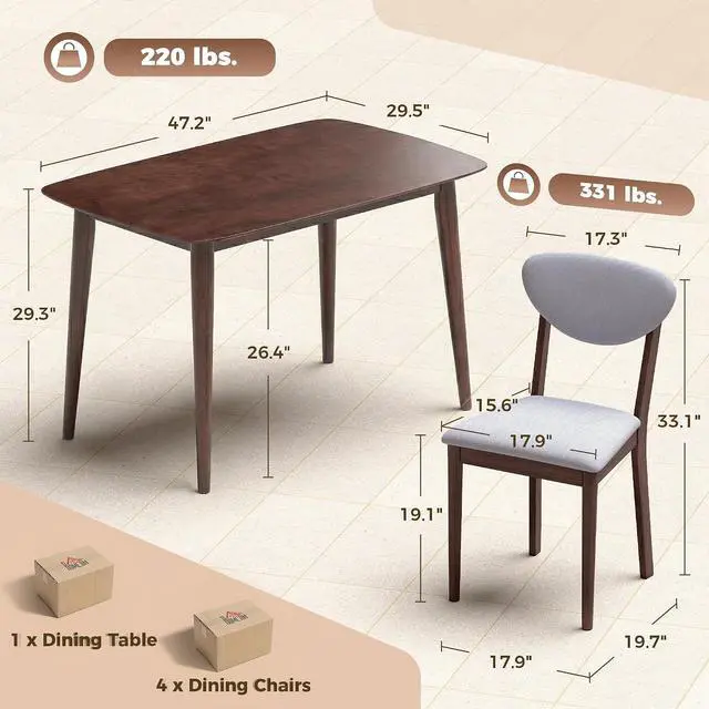 Alt view image 7 of 7 - 5-Piece Dining Table Set for 4 with Solid Wood Frame, Light Gray | Kitchen Table and Chairs, Padded Seats and Backrests, Solid Wood Frame, for Small Space, Dining Room, Living Room