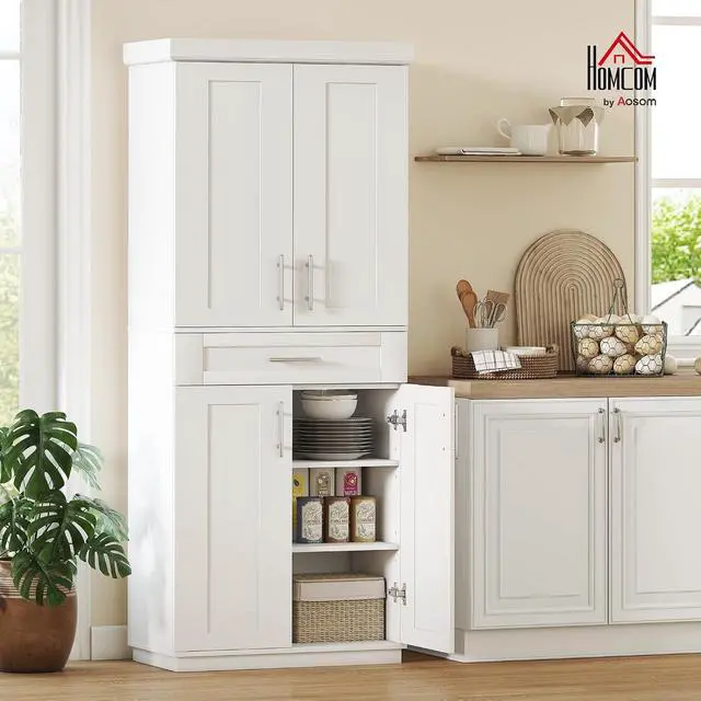 Alt view image 2 of 7 - 72" Kitchen Pantry Cabinet Freestanding Storage Cabinet White | 4 Doors, Drawer, 3 Adjustable Shelves, for Dining Room